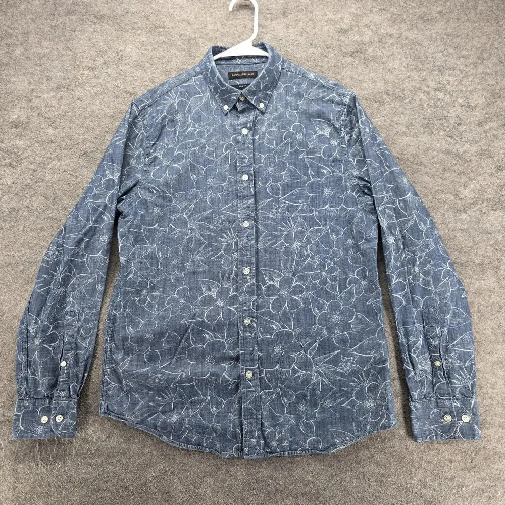 Banana Republic Shirt Mens Medium Blue Chambray Floral Slim Fit Button Front